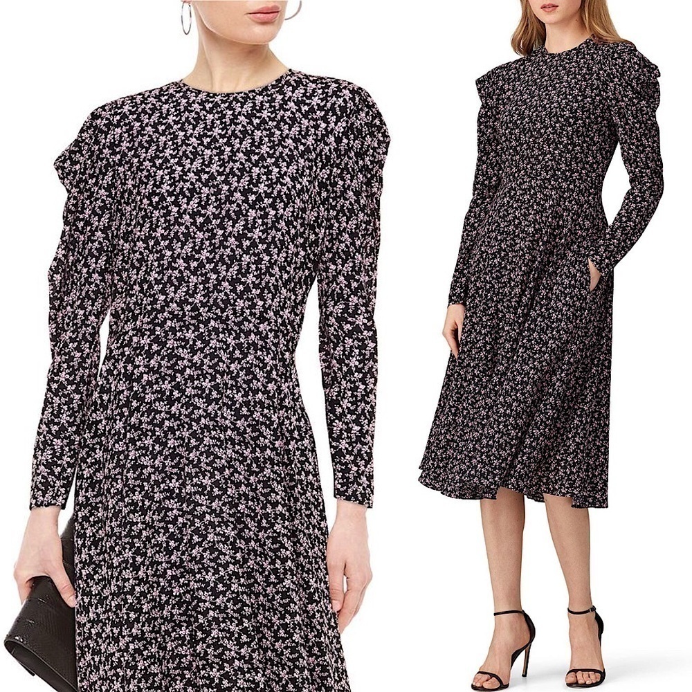 PHILOSOPHY DI LORENZO SERAFINI Midi Dress Silk Floral Puffed Long Sleeve 10